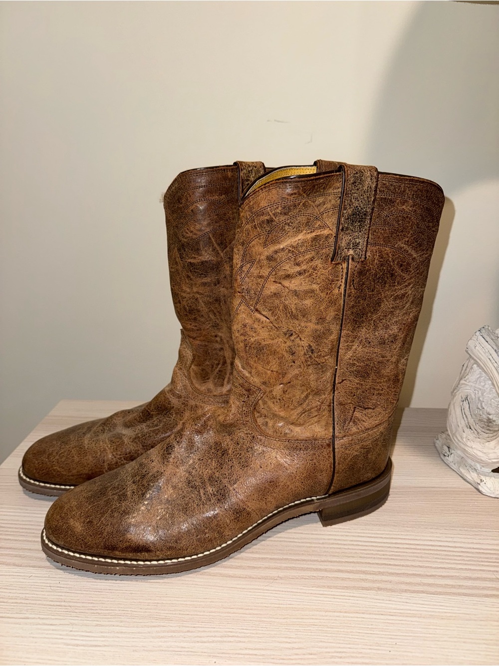 Justin Boots Brown Distressed Leather Western Pull-On Boots